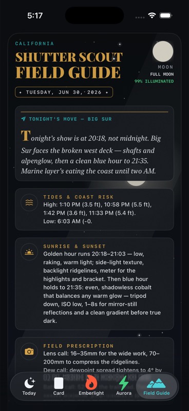 Actual Shutter Scout Field Guide screen with moon, tides, sunset, and field prescription