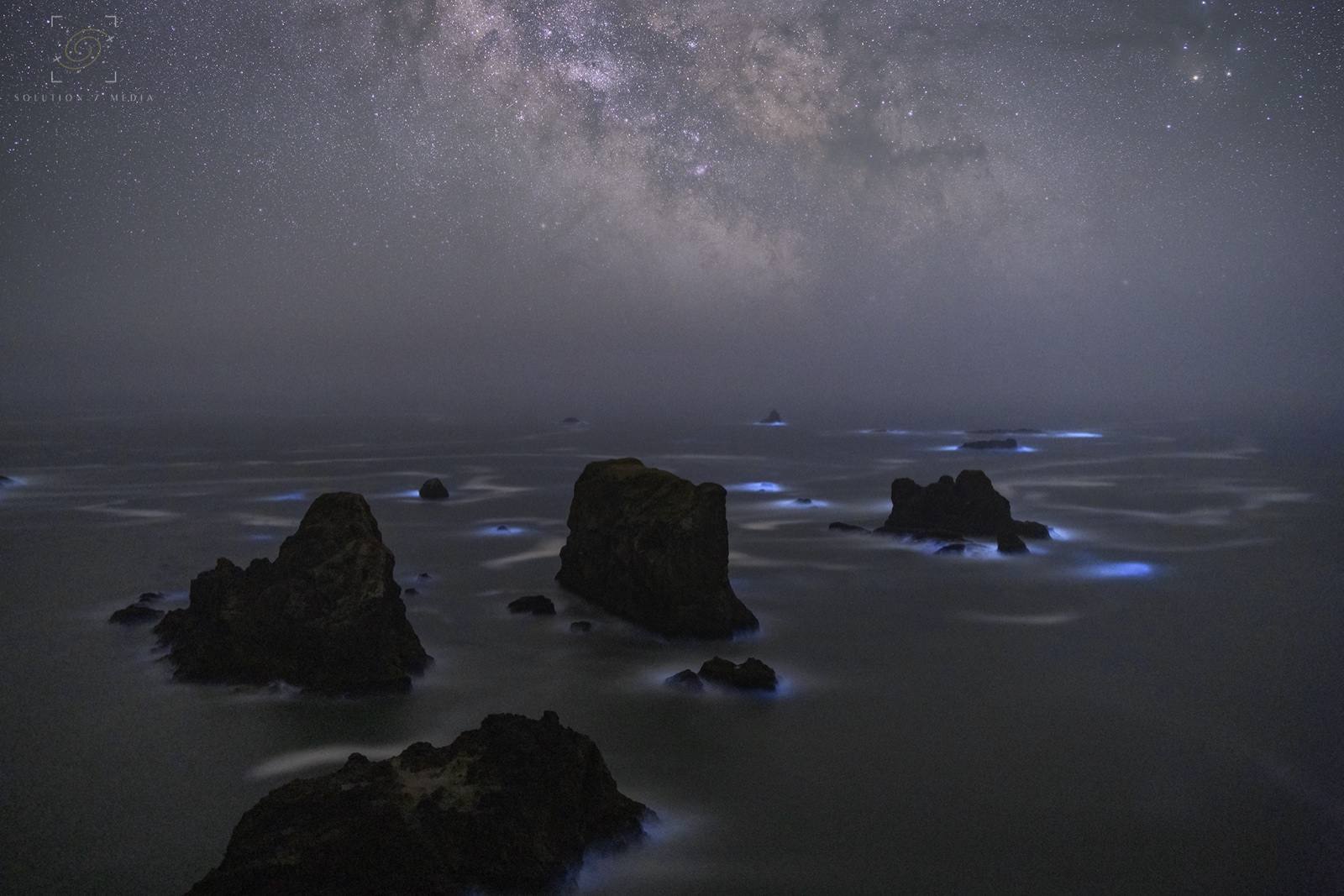 Blue bioluminescence along a dark coastline